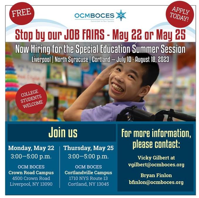 Now Hiring for Summer Special Education Session - Free Job Fairs May 22 & May 25